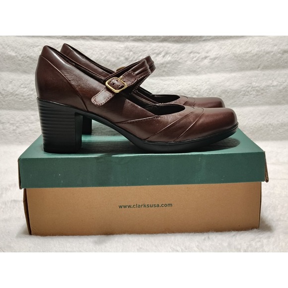 Clarks Womens Mary Jane Pump Size 8 M Brown Leather Block Heel Retro Shoes Mint - Picture 1 of 8